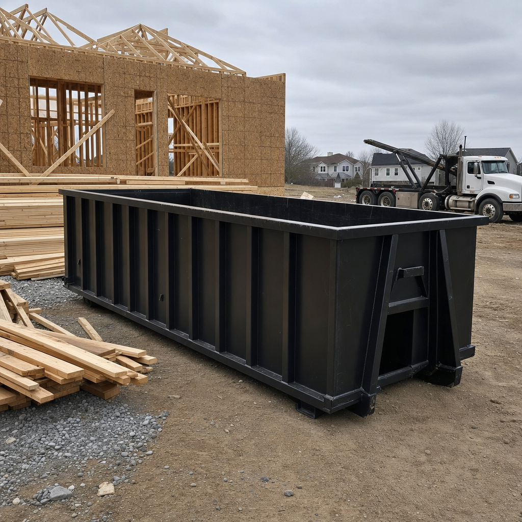 Matte-black 40-yard roll-off dumpster staged on a framed-out residential construction site in Cottondale, framing lumber stacked nearby, hooklift delivery truck visible in the background under bright Colorado daylight