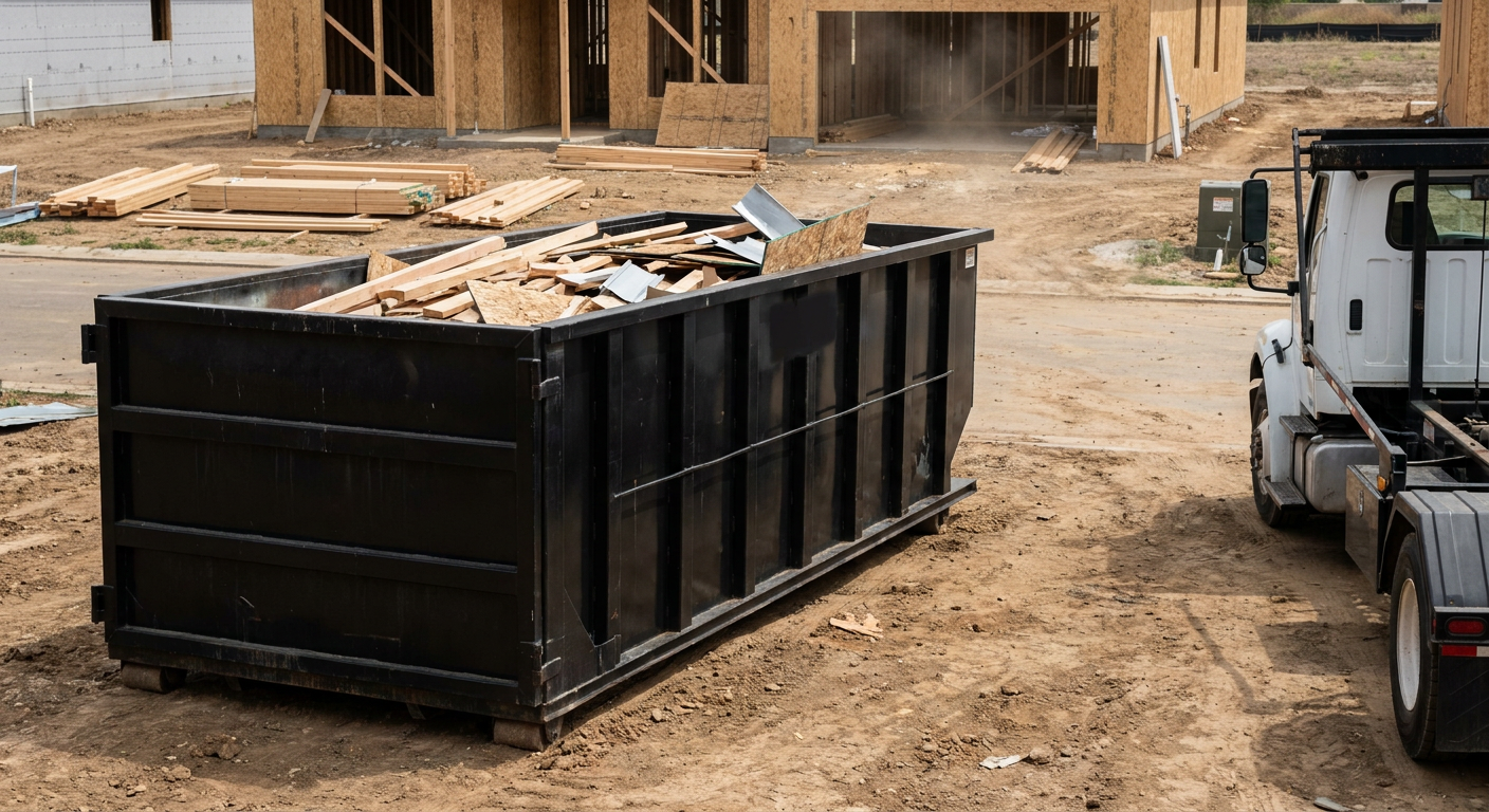 Matte-black 20-yard roll-off construction dumpster with heavy ribbed steel sidewalls and swing rear doors at a working jobsite in Cottondale, sitting directly on compacted dirt with an unmarked white hauler partially visible at the far edge of the frame.