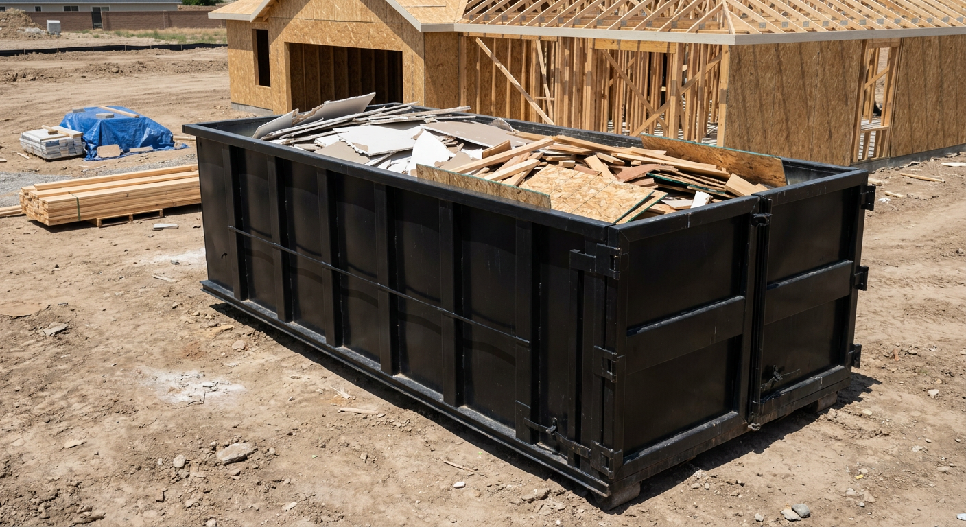 Matte-black 30-yard roll-off construction dumpster sitting directly on the compacted-dirt site of a framed single-family home build in Cottondale, drywall and lumber scrap loaded inside.