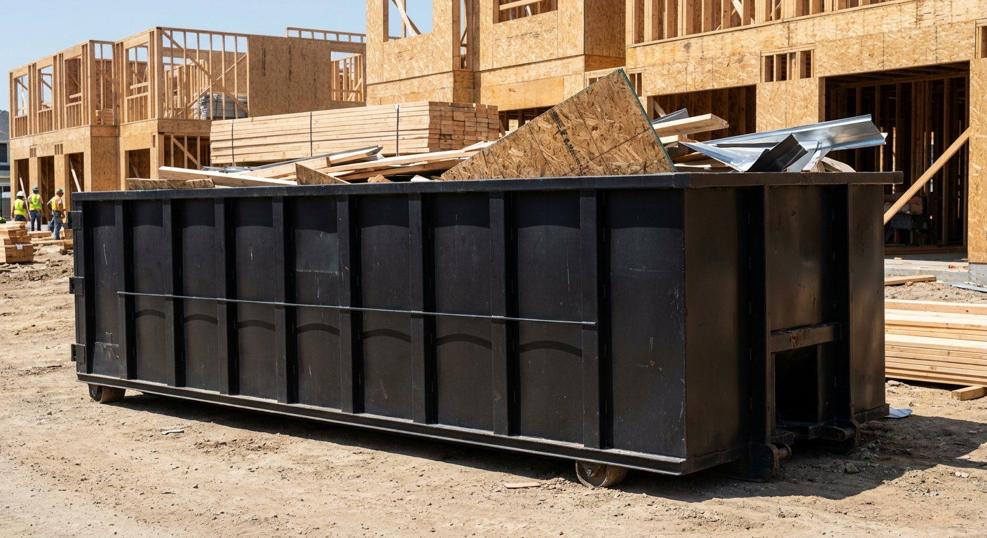 Matte-black 40-yard roll-off construction dumpster being lowered from a white-cab hooklift delivery truck onto the compacted-dirt jobsite at a commercial build site in Cottondale