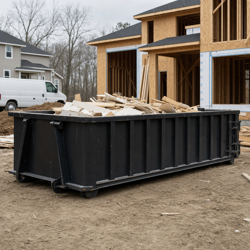Worker in a yellow high-visibility vest tossing framing lumber and broken drywall into a matte-black 30-yard construction roll-off dumpster on an active build site in Cottondale, bright daylight