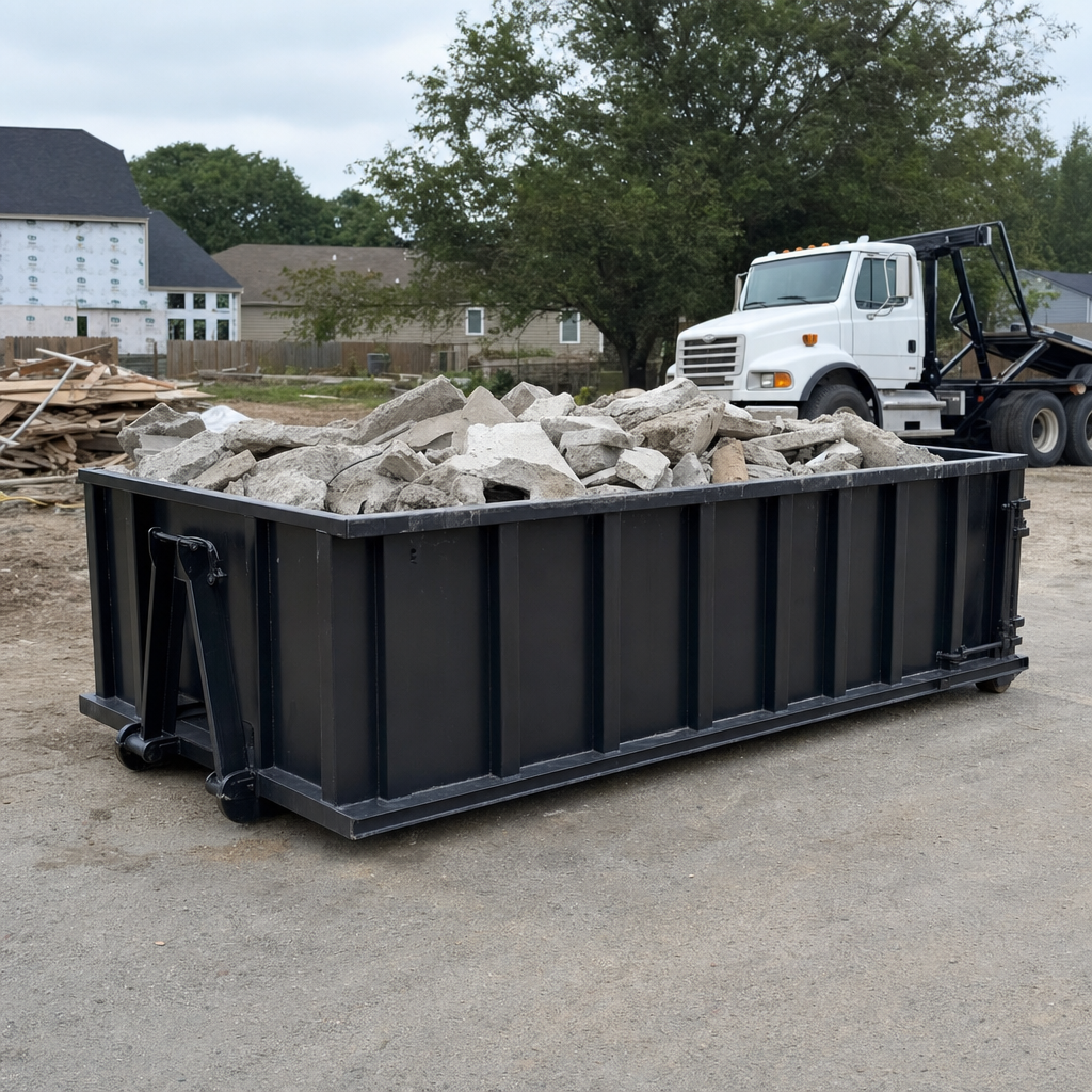 Low-profile matte-black lowboy roll-off dumpster loaded with broken concrete slab and rebar at a foundation tear-out in Cottondale, skid steer parked beside it, sunny Colorado morning