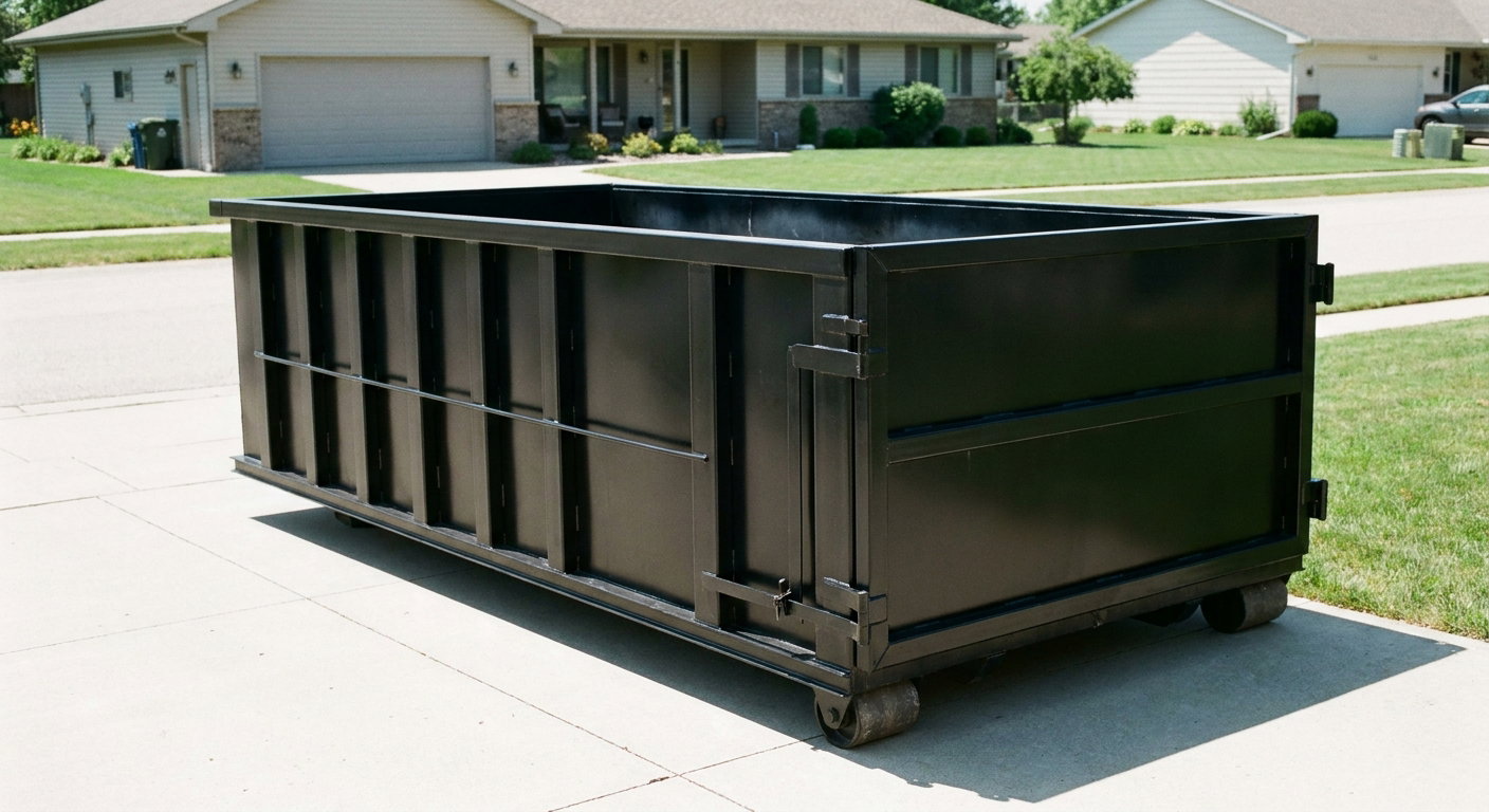 Matte-black 10-yard roll-off dumpster on a residential concrete driveway in Cottondale, uniformly painted matte black across every panel and rail, ribbed steel sidewalls and rear swing door visible, mid-day daylight.