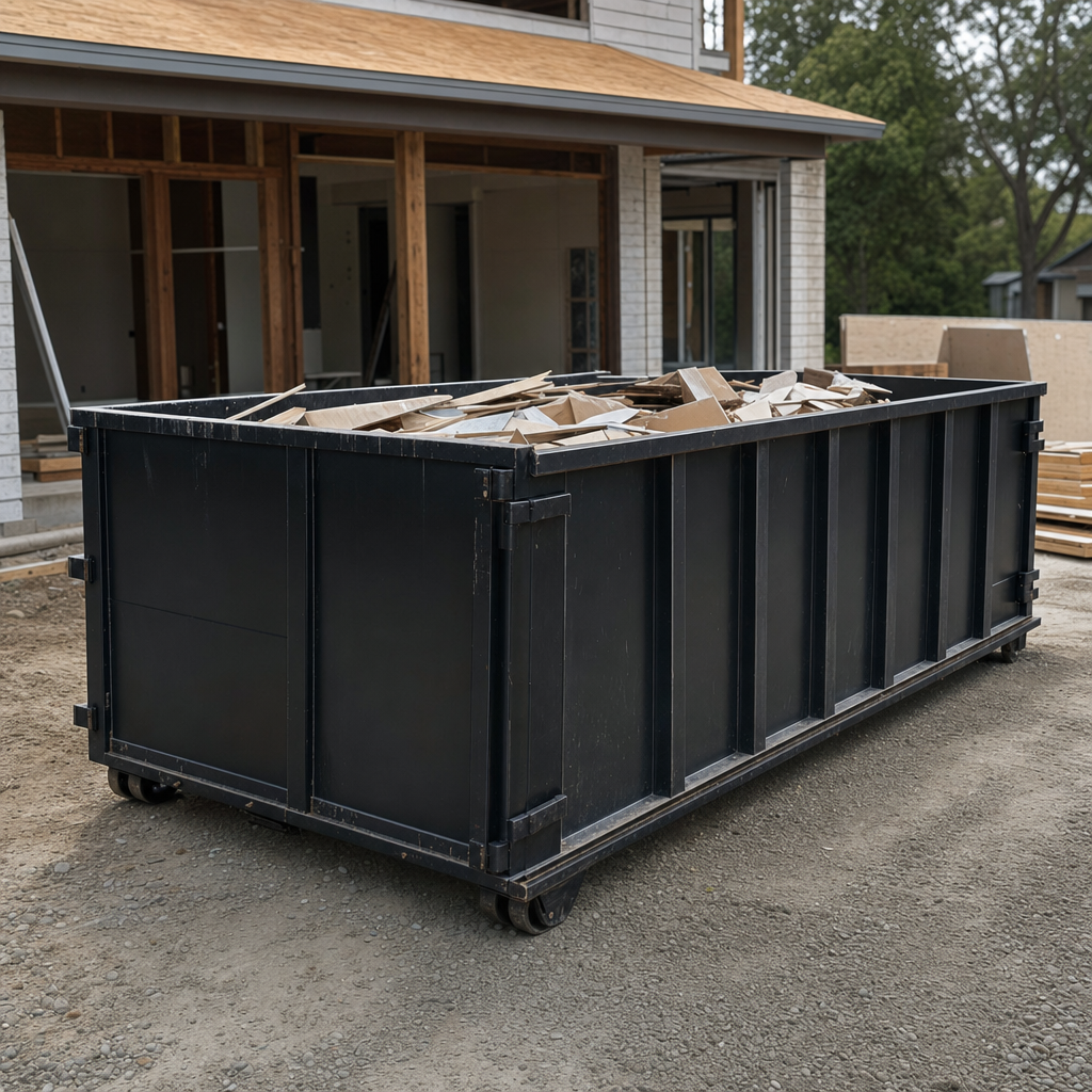 Large matte-black 30-yard construction roll-off dumpster at an active Cottondale jobsite, steel-gray top rails and bottom rollers visible, loaded with construction debris.