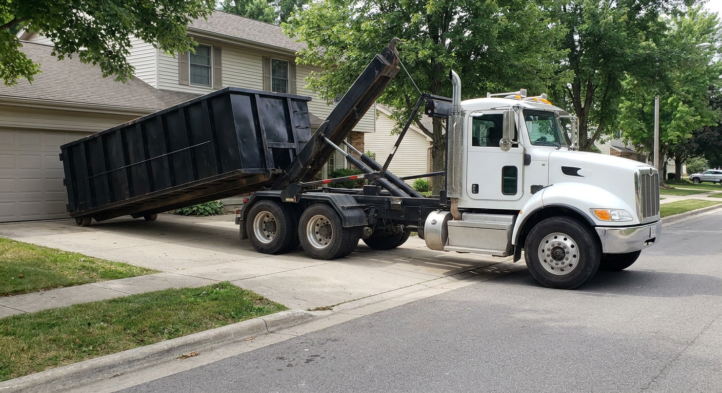 White-cab hooklift roll-off truck actively lowering a matte-black dumpster onto a Cottondale residential concrete driveway, the dumpster's rear wheels touching the driveway as the hoist arm tilts the bed forward, mid-morning daylight.
