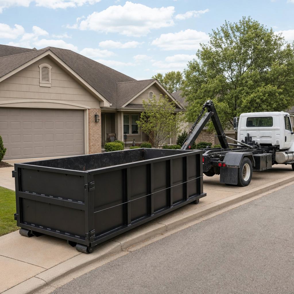 Wide documentary shot of a matte-black roll-off dumpster on a Cottondale residential driveway in the foreground and a contractor jobsite container in the soft-focus background, bright daylight, calm and orderly composition.