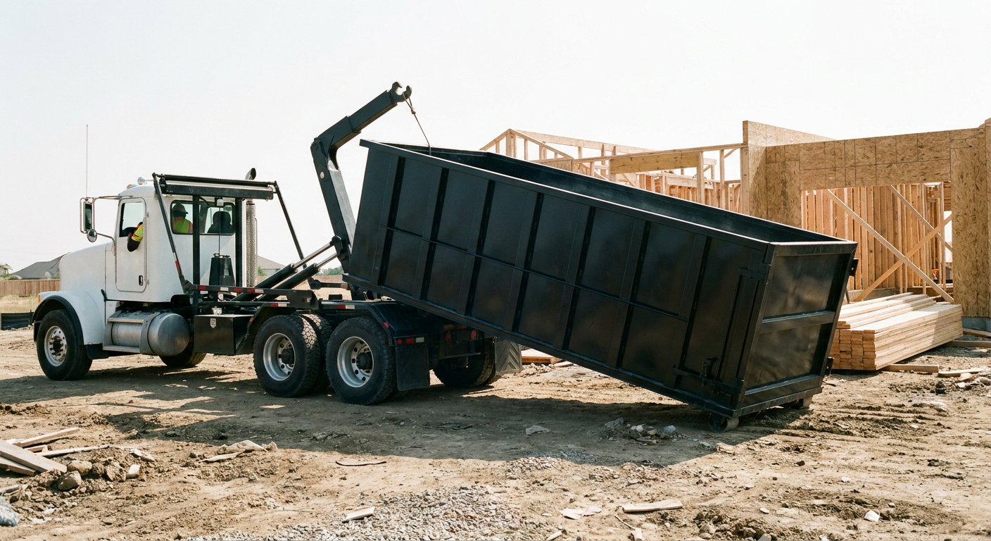 Matte-black roll-off dumpster being delivered onto a clean residential concrete driveway in Cottondale by an unmarked white hooklift hauler truck, bright morning daylight, documentary 35mm perspective.