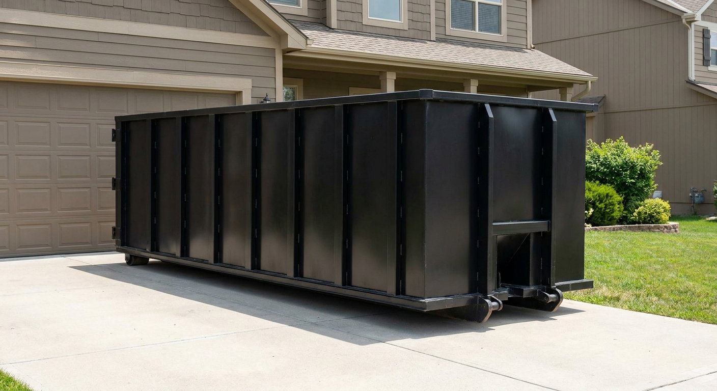 Matte-black residential roll-off dumpster sitting directly on a suburban Cottondale concrete driveway, garage door closed, single-family home in background, bright morning daylight.
