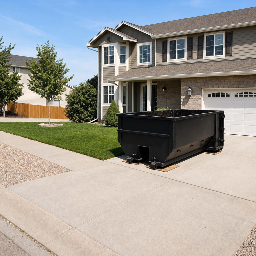 10-yard matte-black residential dumpster placed directly on a narrow Cottondale concrete driveway, room remains for a parked sedan beside it, mid-morning natural light