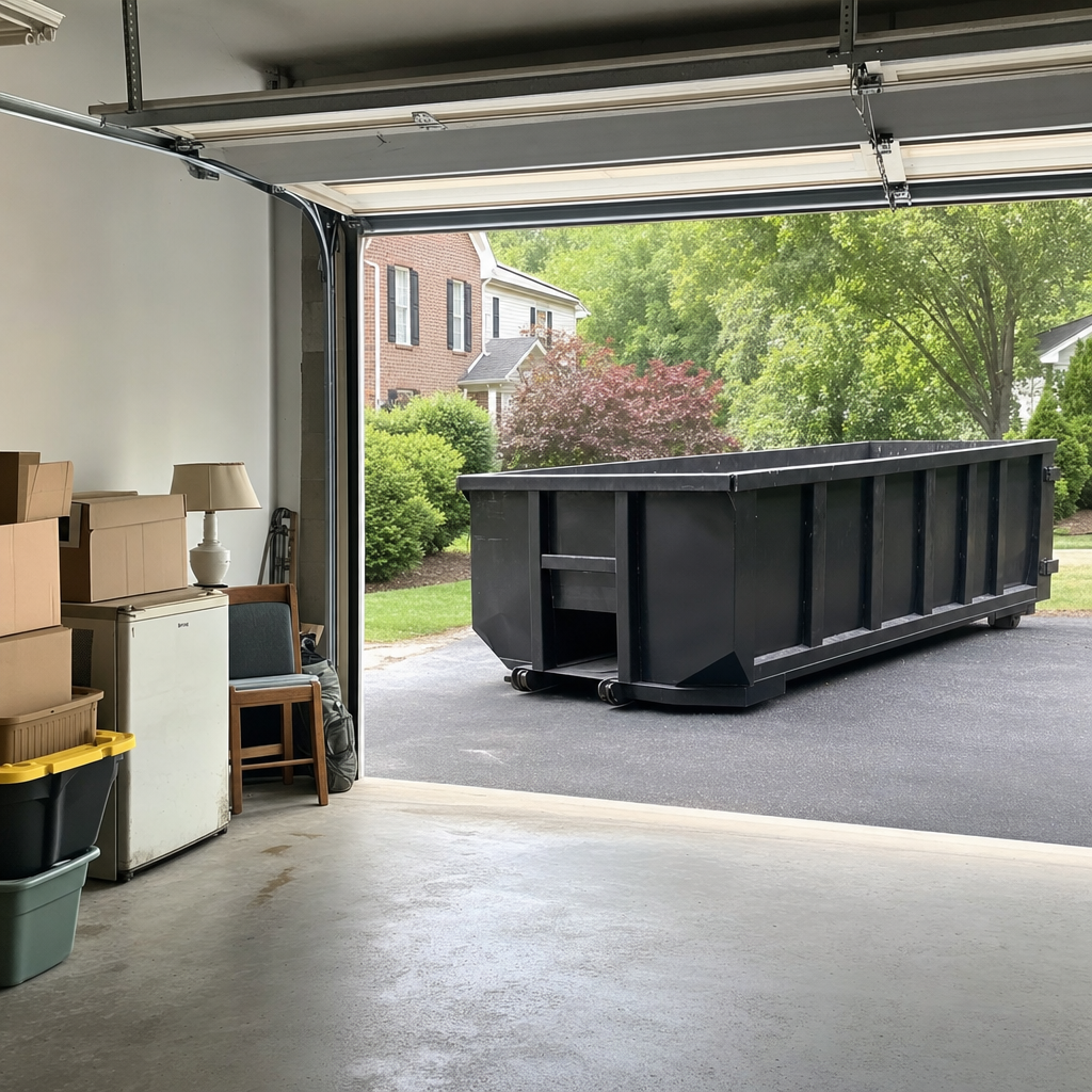 Open garage interior in a Cottondale home mid-cleanout — boxed items, an old appliance, and stacked yard tools queued near the driveway for a matte-black roll-off dumpster, organized and calm