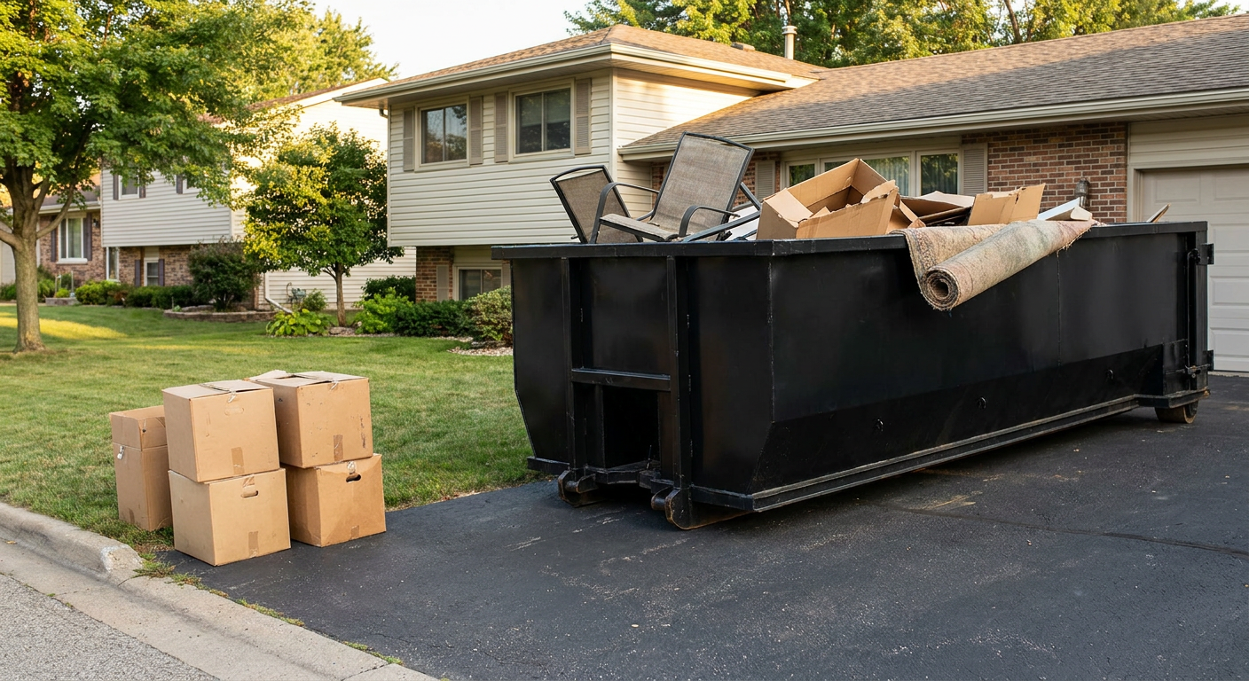Front-yard view of a Cottondale split-level home with a 20-yard matte-black roll-off dumpster sitting directly on the asphalt driveway, a few clearly labeled donation boxes staged at the curb, calm sunny afternoon.