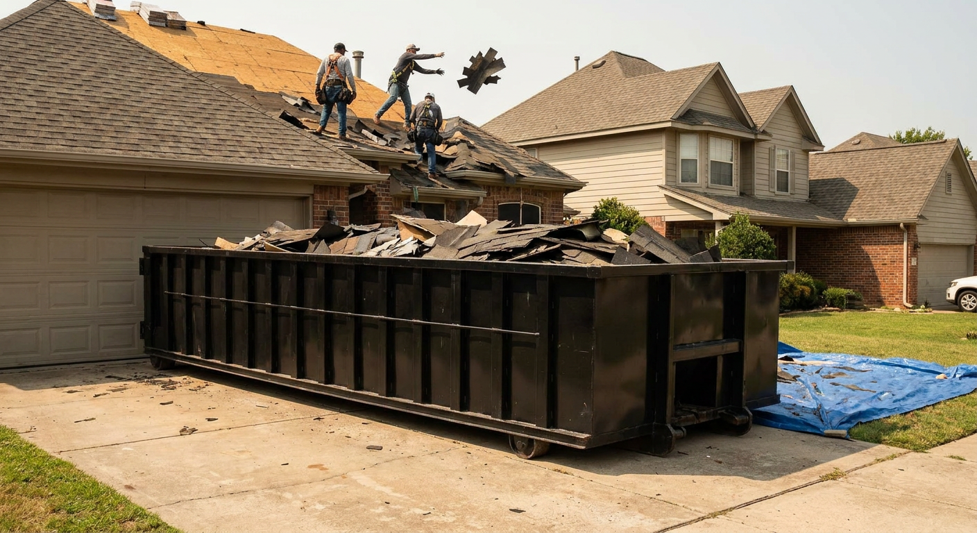 Matte-black roofing roll-off dumpster placed directly on a Cottondale residential concrete driveway, a tear-off crew on a two-story asphalt-shingle roof tossing shingle bundles into the low-walled container, bright daylight, documentary 35mm perspective.