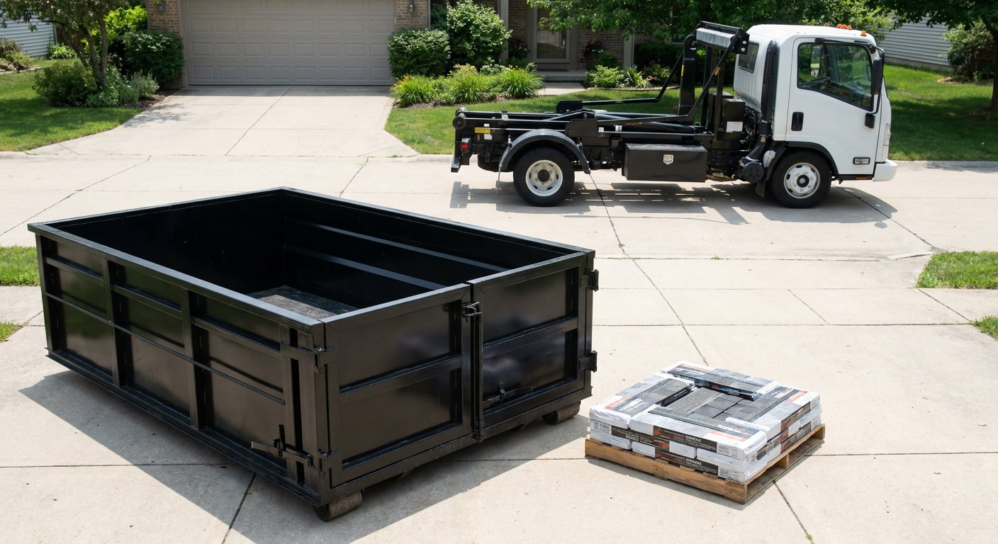 Matte-black 15-yard roofing roll-off dumpster with reinforced low side walls sitting directly on a Cottondale residential concrete driveway, three-tab asphalt shingle bundles stacked nearby, an unmarked white hauler truck partially visible at the edge of the frame.