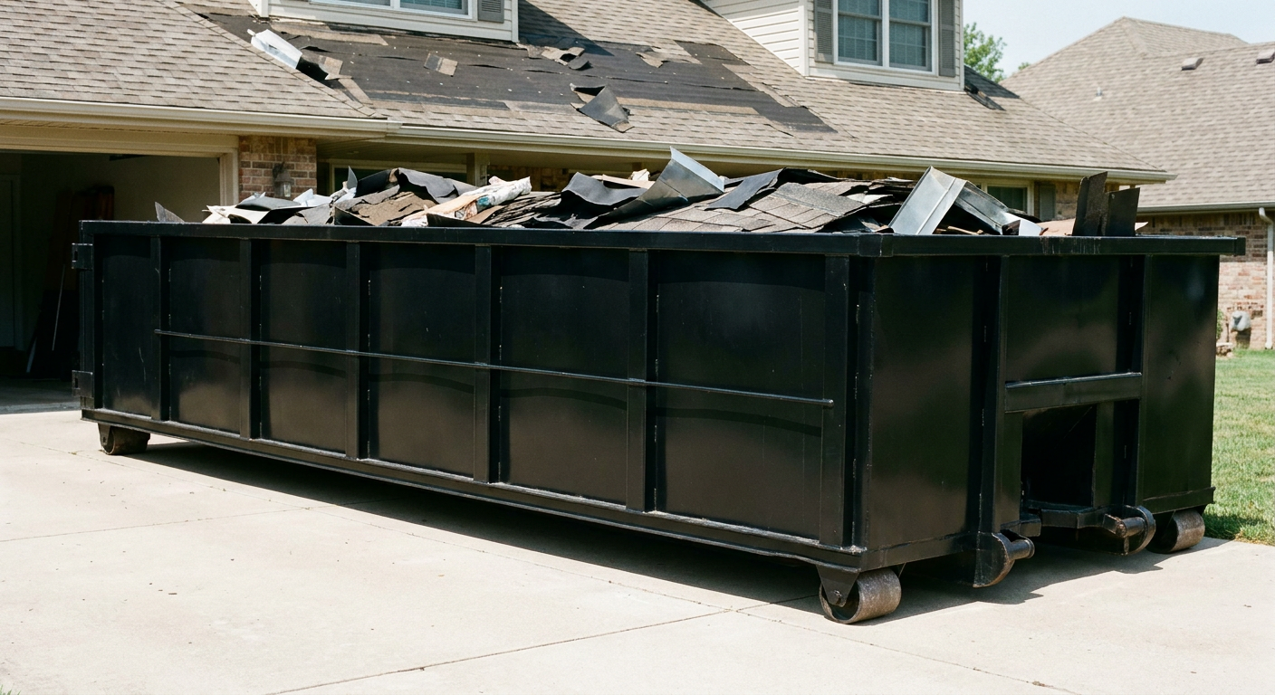 Matte-black 20-yard roofing roll-off dumpster with steel ribbed sides and swinging rear door, sitting directly on the concrete driveway of a two-story Cottondale home, asphalt shingle debris being loaded over the low wall, clean documentary lighting.