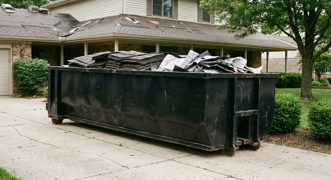 Matte-black 30-yard roofing roll-off dumpster sitting directly on a Cottondale concrete driveway, taller ribbed steel side panels, mixed tear-off debris of asphalt shingles and underlayment inside, professional documentary daylight.