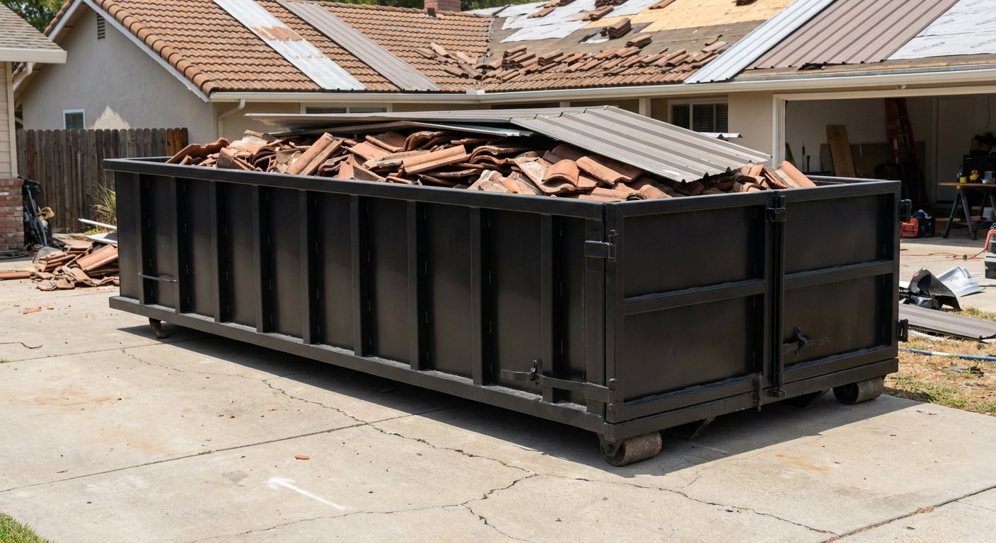 Matte-black low-wall heavy-debris roofing roll-off dumpster sitting directly on a Cottondale concrete driveway, broken concrete clay roof tiles and metal panel sections loaded inside, reinforced ribbed steel side walls visible, bright outdoor daylight.