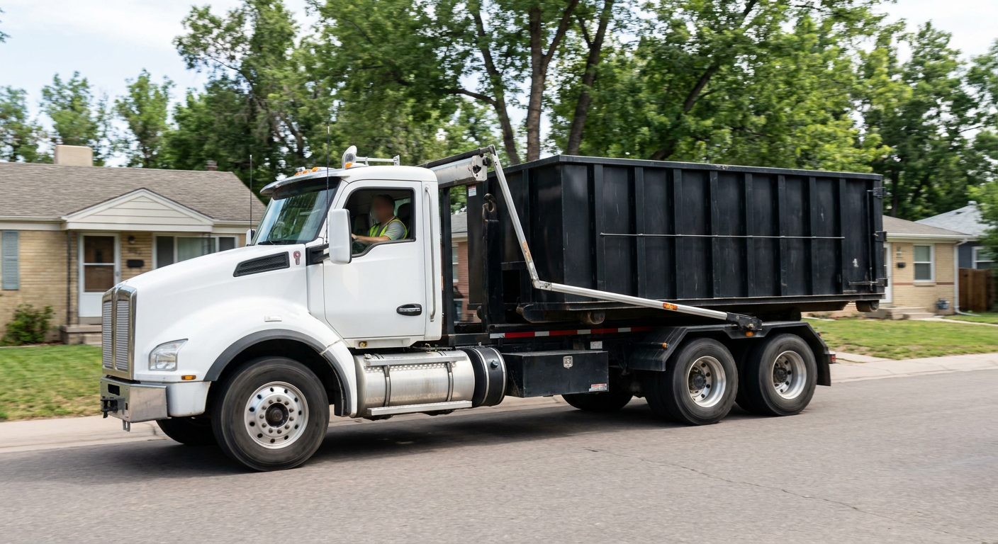 A wide documentary shot of a matte-black roll-off delivery truck pulling onto a quiet Cottondale residential street at mid-morning, with neighborhood rooftops and tree-lined blocks visible behind, showing the metro coverage footprint.