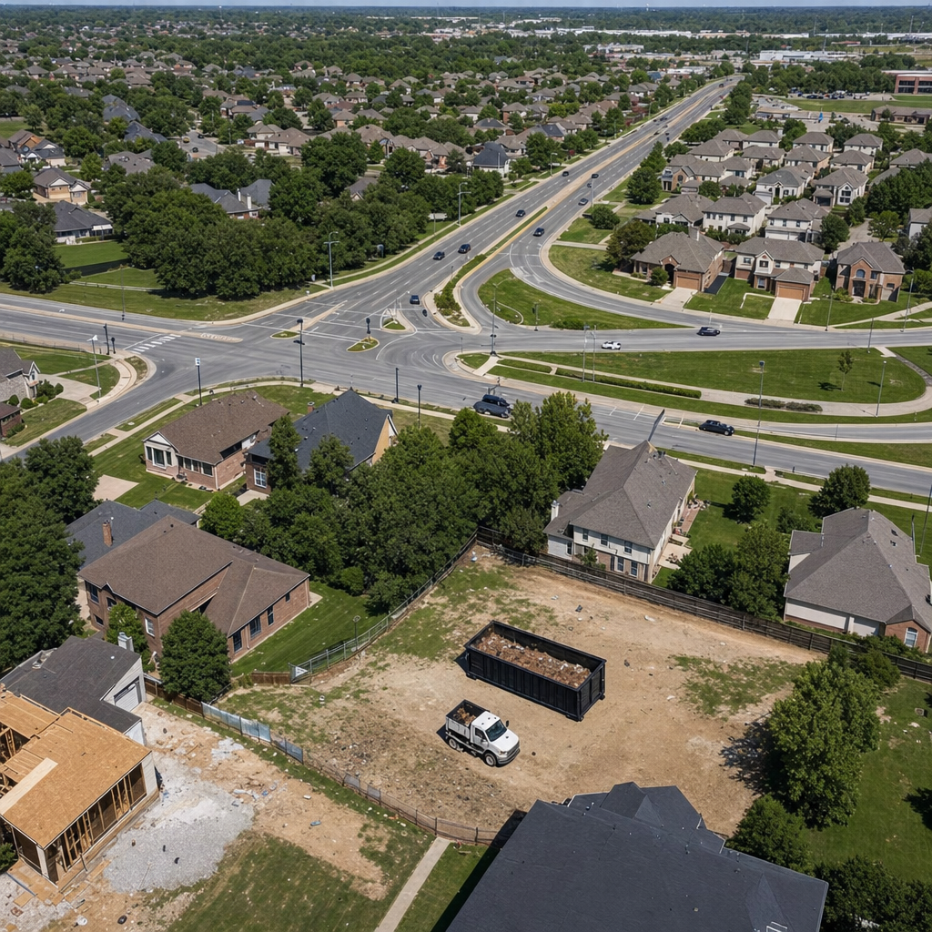 An overhead documentary view of the Cottondale metro area at midday, showing the spread of neighborhoods, arterial roads, and the dispatch radius from a central yard — clean daylight, organized geographic layout.