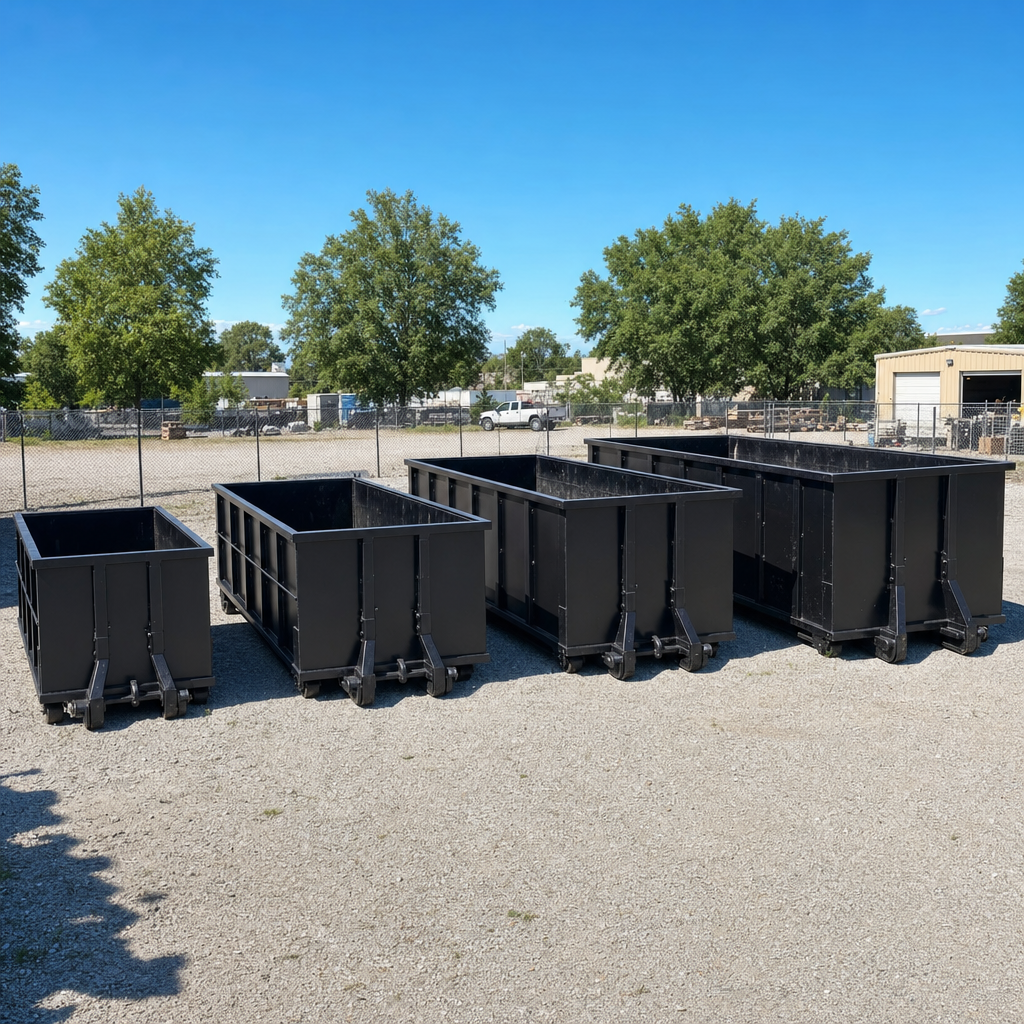 A clean lineup of matte-black roll-off dumpsters in 10, 20, 30, and 40-yard sizes staged on a sunlit gravel yard in Cottondale, showing the size progression from compact to commercial-scale containers.