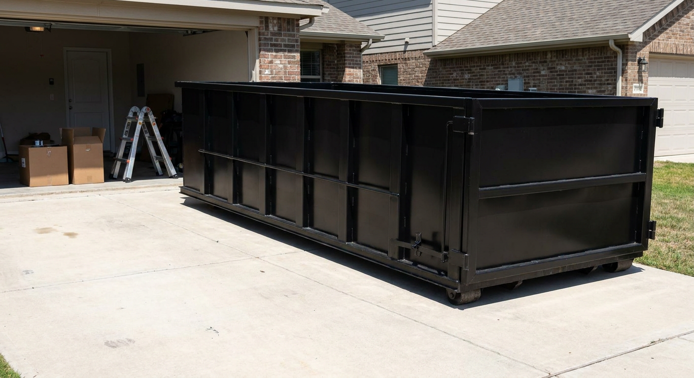 A matte-black 10-yard roll-off dumpster sitting directly on a residential Cottondale concrete driveway, mid-day sunlight, clean and ready for a garage cleanout.