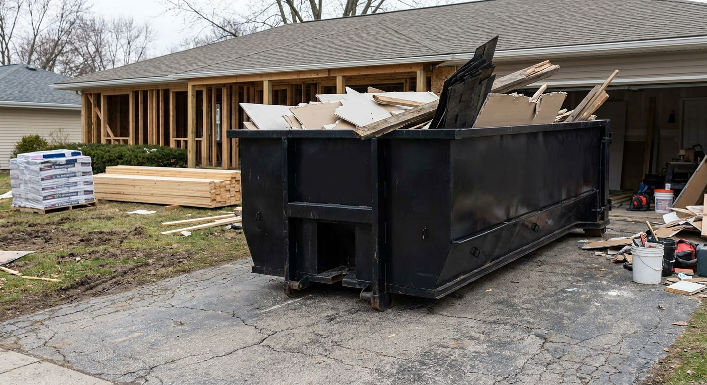 A matte-black 20-yard roll-off dumpster placed alongside a mid-renovation Cottondale home directly on the asphalt driveway, with framing materials and torn-off shingles staged neatly nearby.