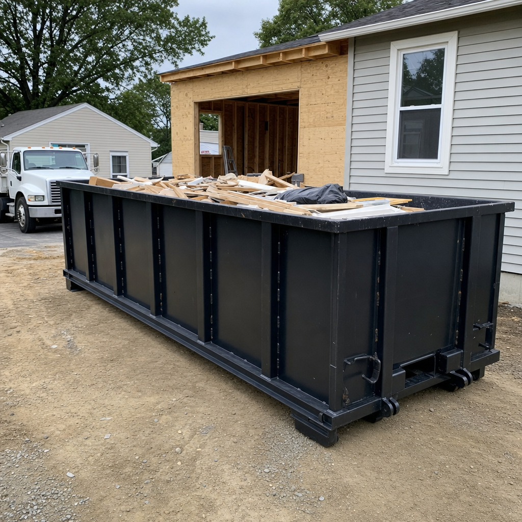 A matte-black 30-yard roll-off dumpster positioned at a Cottondale residential addition jobsite, with framing lumber and drywall scraps loaded through the open swinging rear doors.