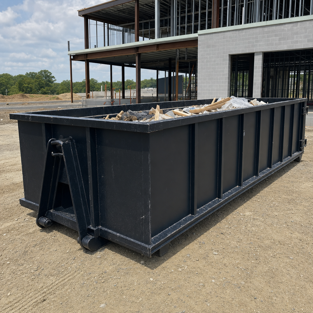 A matte-black 40-yard roll-off dumpster staged on a large Cottondale commercial construction lot, with a hooklift delivery truck parked alongside under bright midday sky.