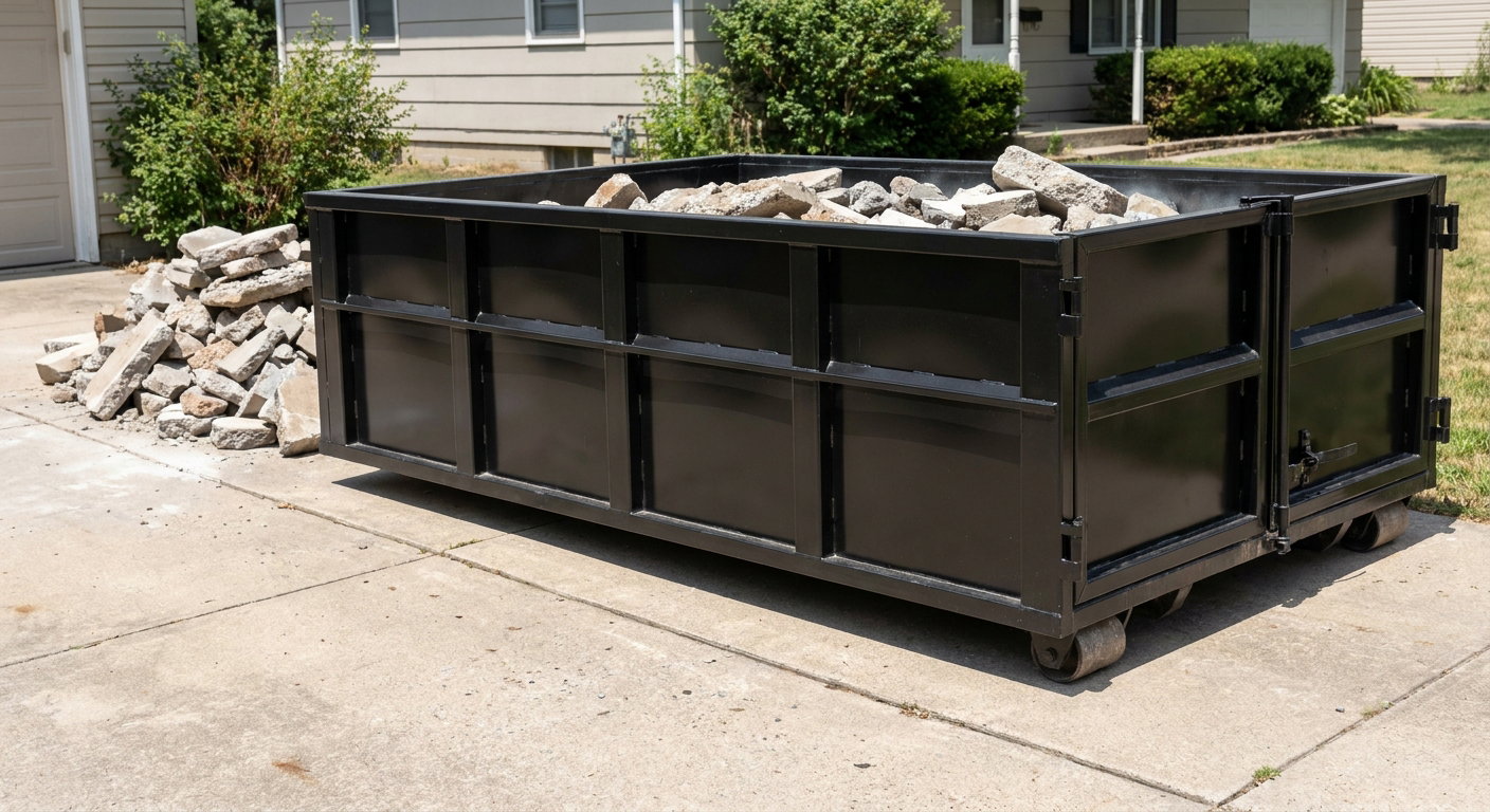A matte-black low-side heavy-debris roll-off dumpster placed directly on a Cottondale concrete driveway, with broken concrete chunks neatly stacked beside it under clean daylight.